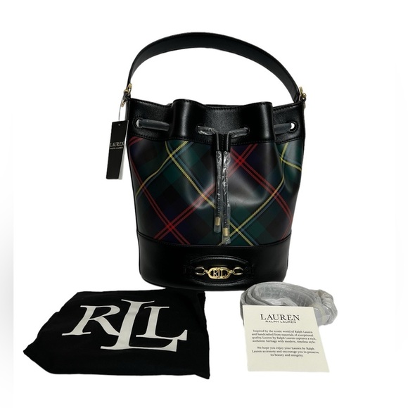 Ralph Lauren Andie Bucket Drawstring Plaid Leather Crossbody Bag - Picture 3 of 17